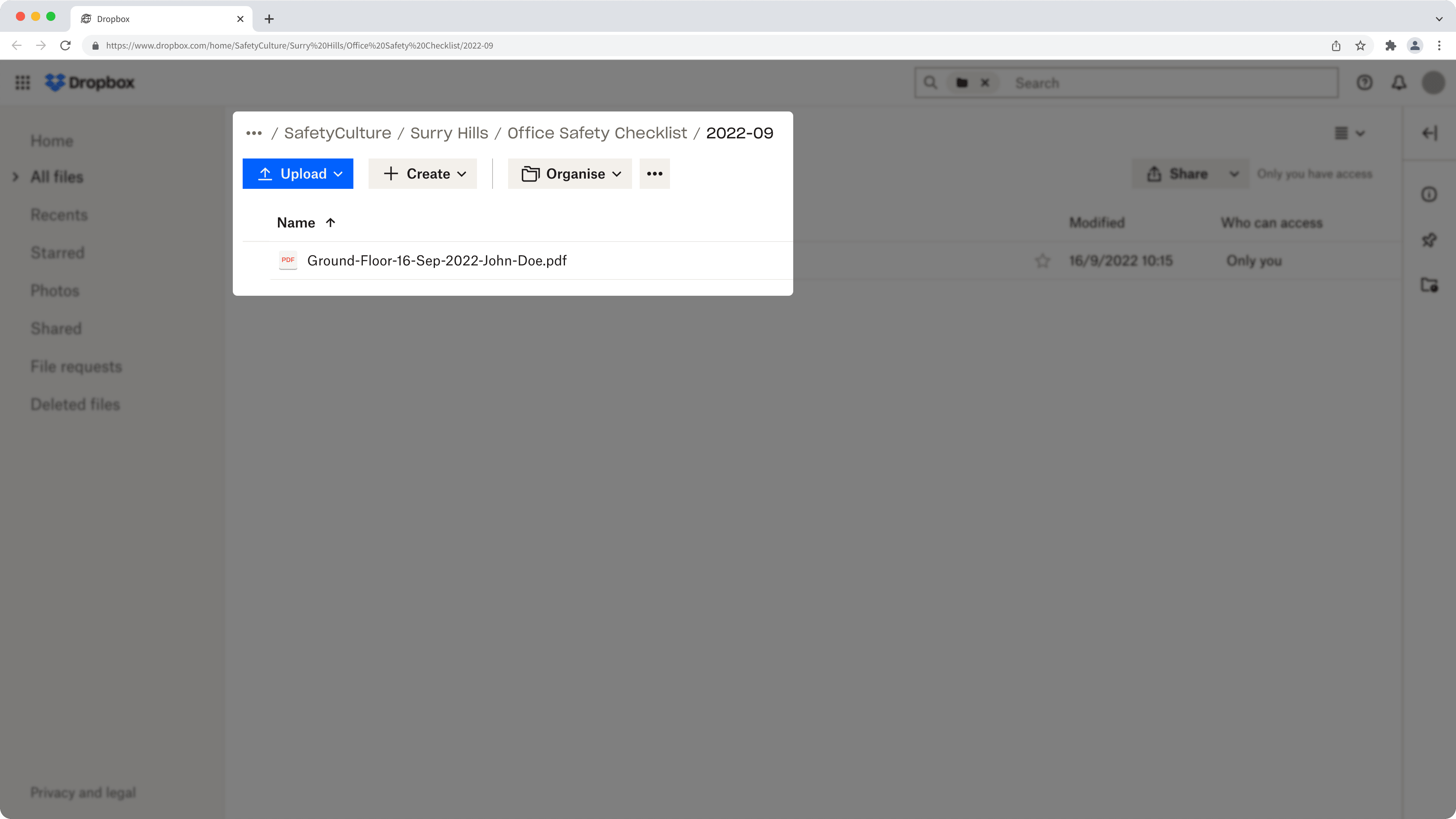 An example of inspection reports in Dropbox from the SafetyCulture integration.