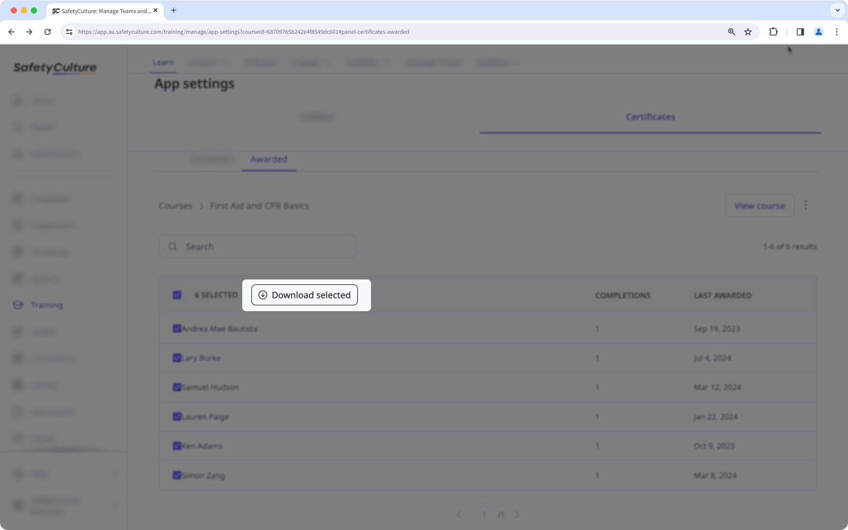 Descargar certificados de finalización de cursos de formación en masa a través de la aplicación web de SafetyCulture.