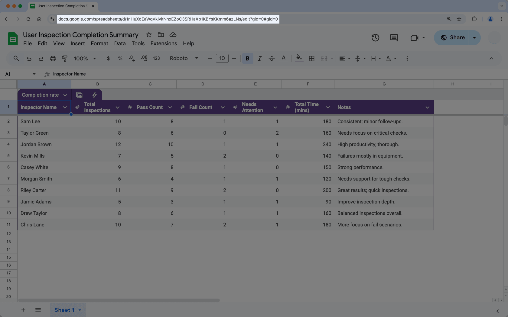 Copie el enlace de Google Sheets.