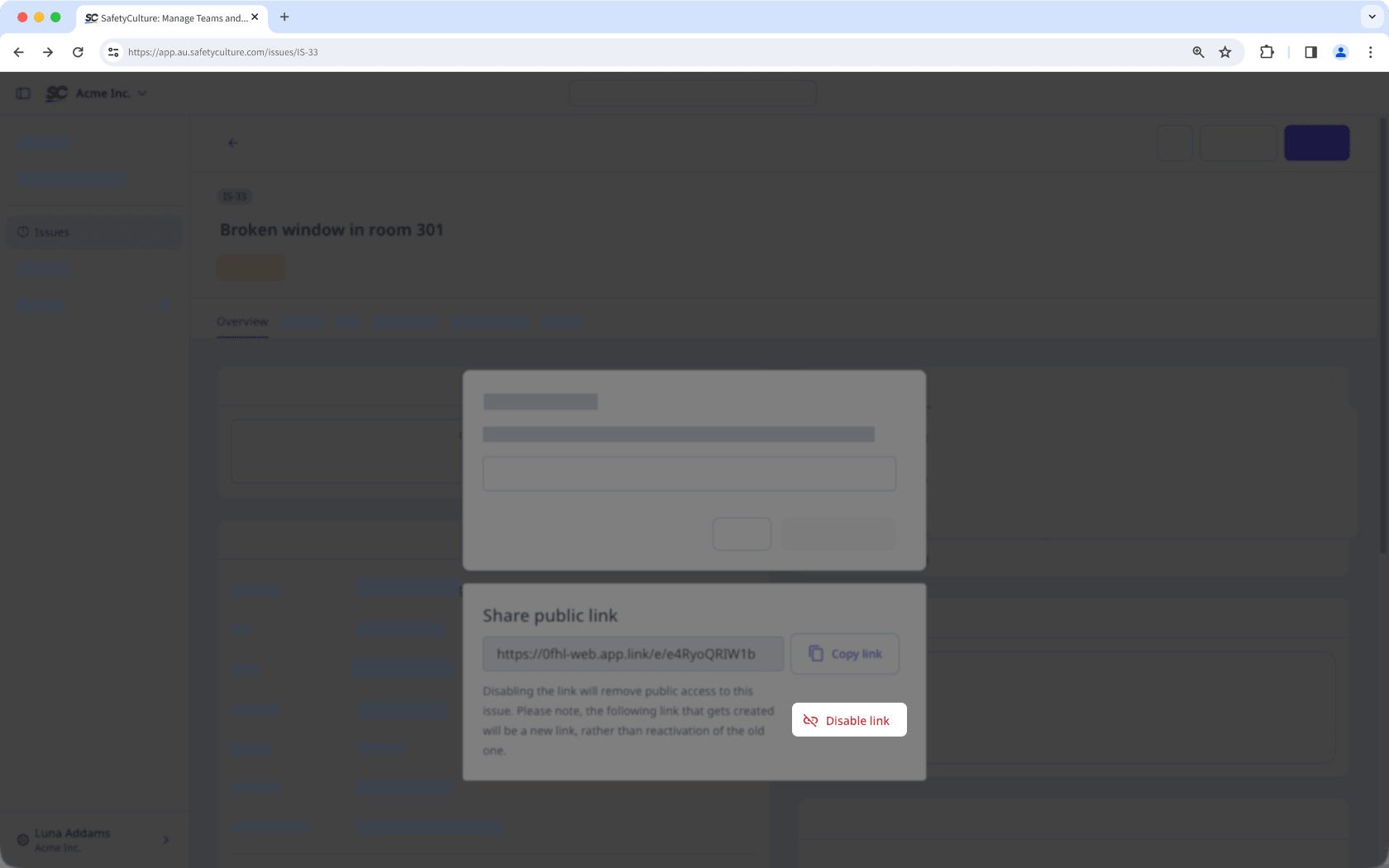 Disable an issue public link in the new issues profile via the web app.