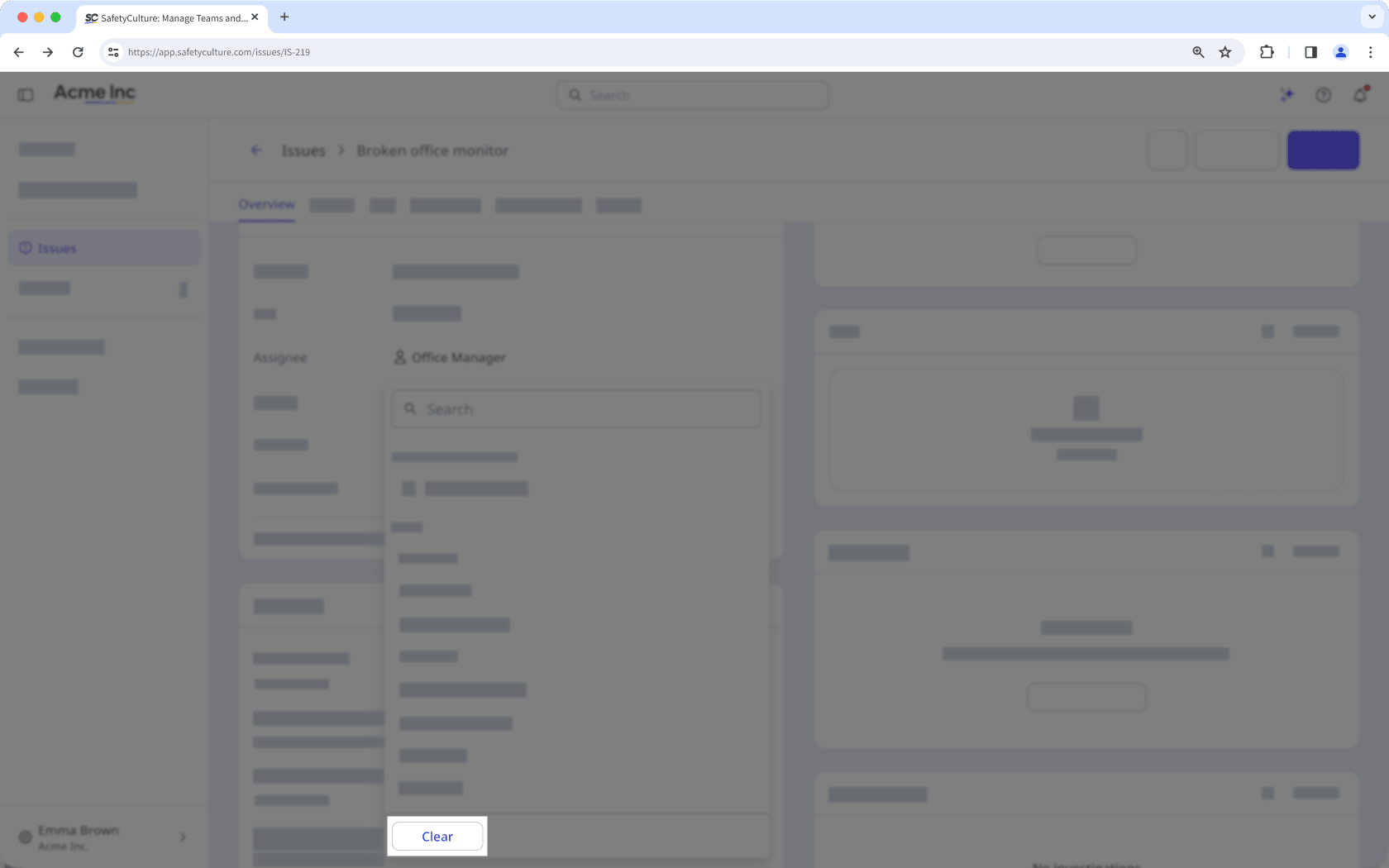 The issue profile page showing the option to select another assignee.