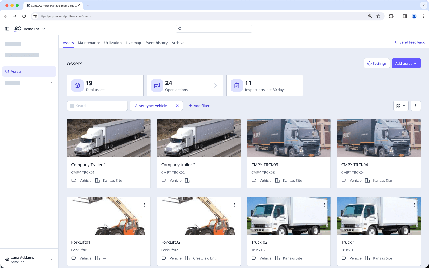 The assets page shows the assets of the organization in a grid view.