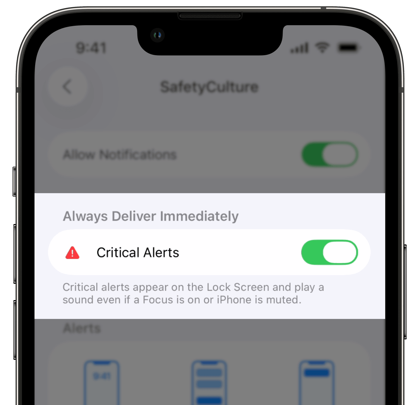 Turn Critical Alerts on or off via iOS device settings.