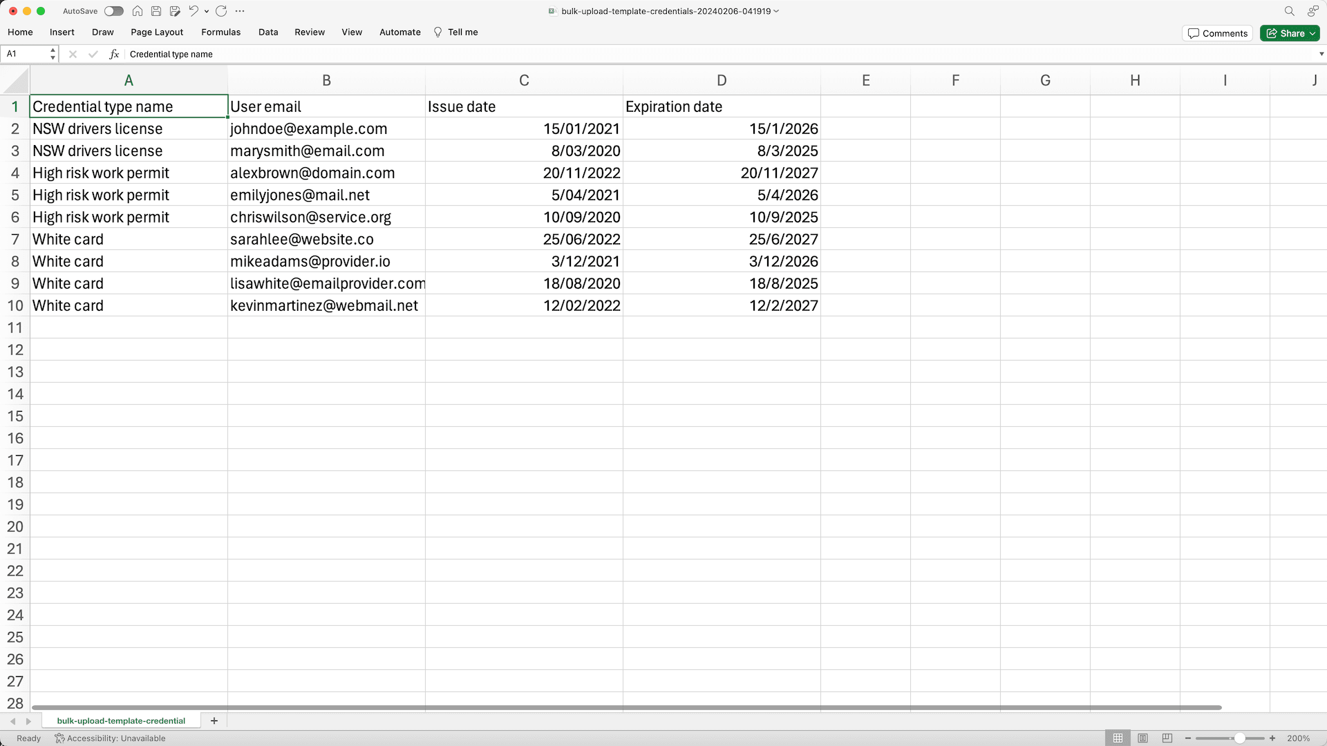 Exemple de fichier CSV préparé pour l'ajout groupé d'habilitations