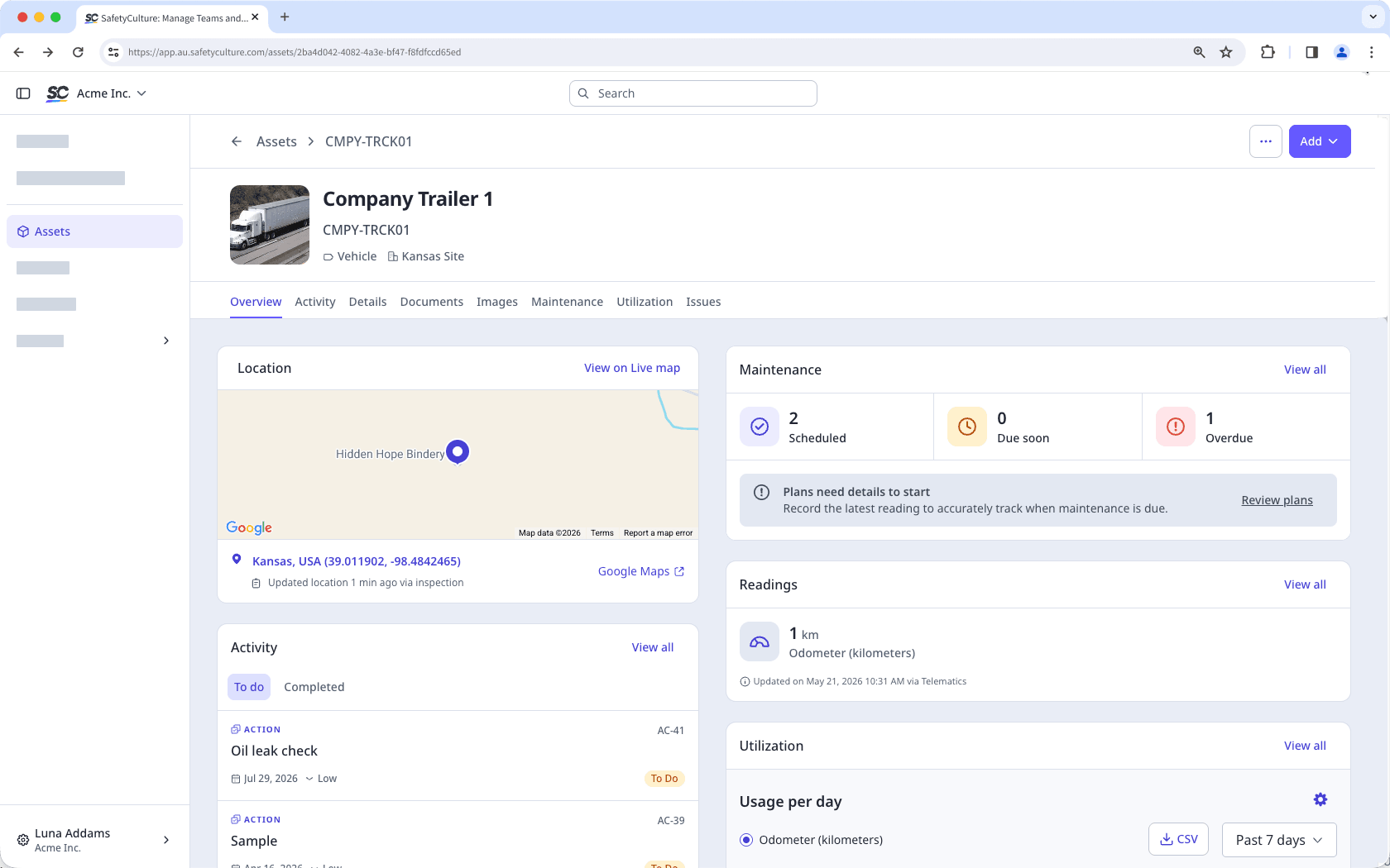 An asset's profile page, showing Location, Maintenance, Readings, and Utilization sections.