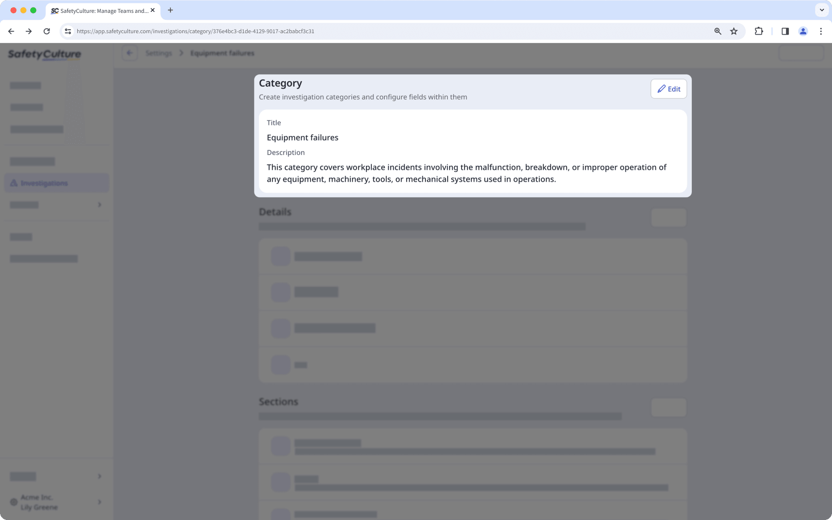 Investigation category section shown on the Settings page.