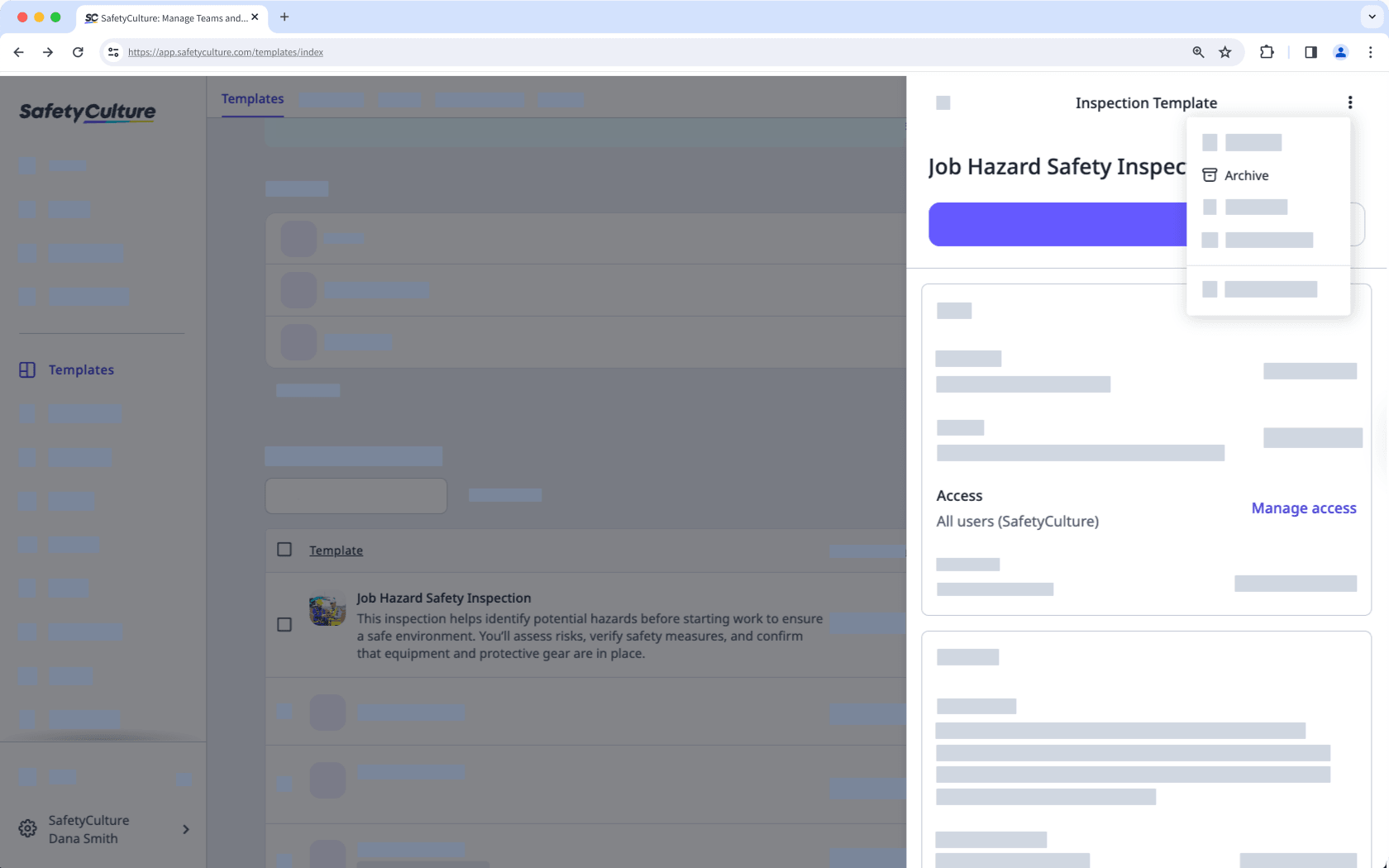 Check template access level via the web app.