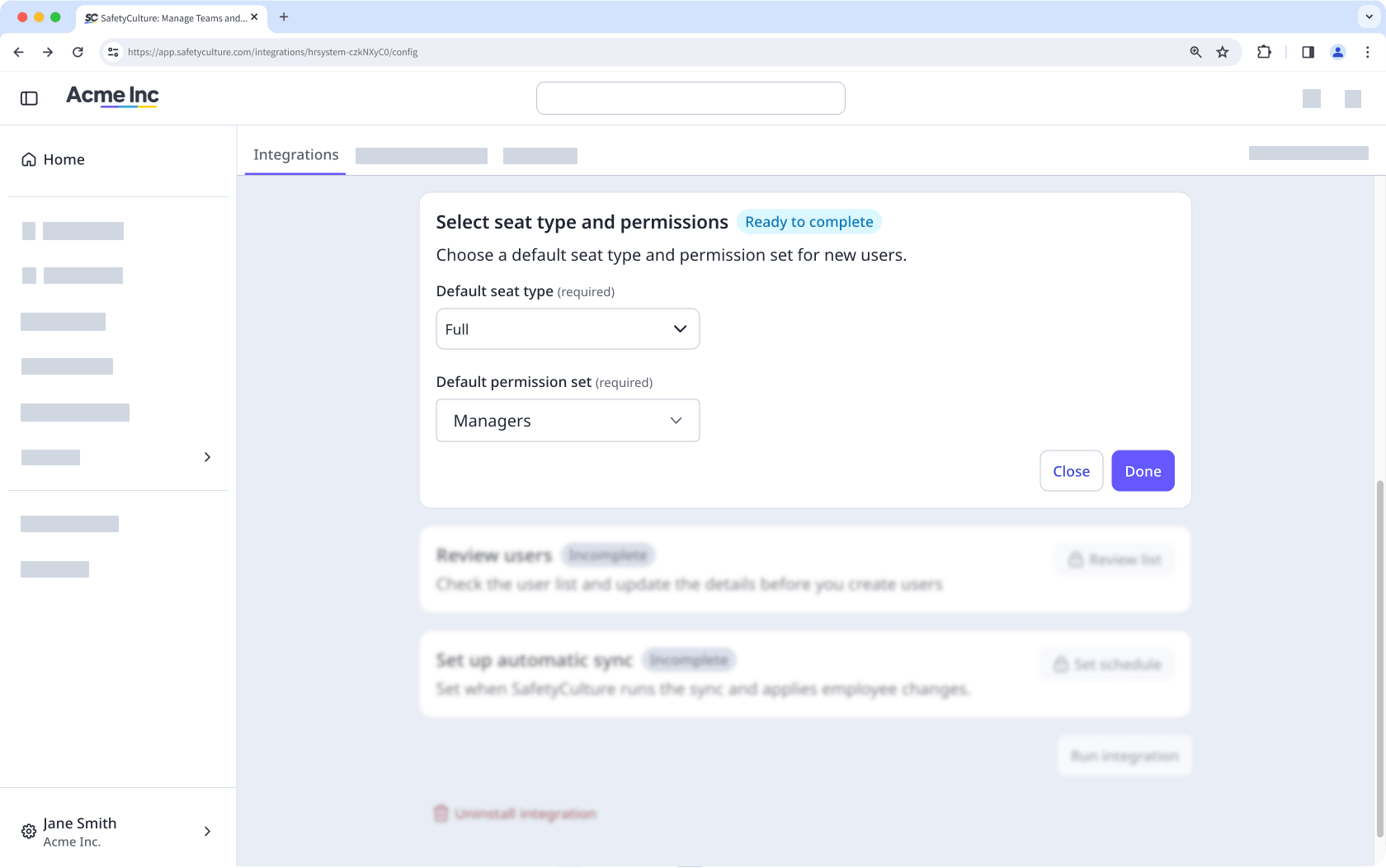 The HR integration configuration page shows fields to select the default seat type and permission sets for new users to be imported into SafetyCulture.