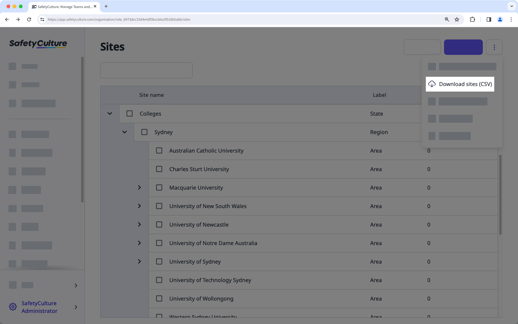 Download site list as CSV via the web app.