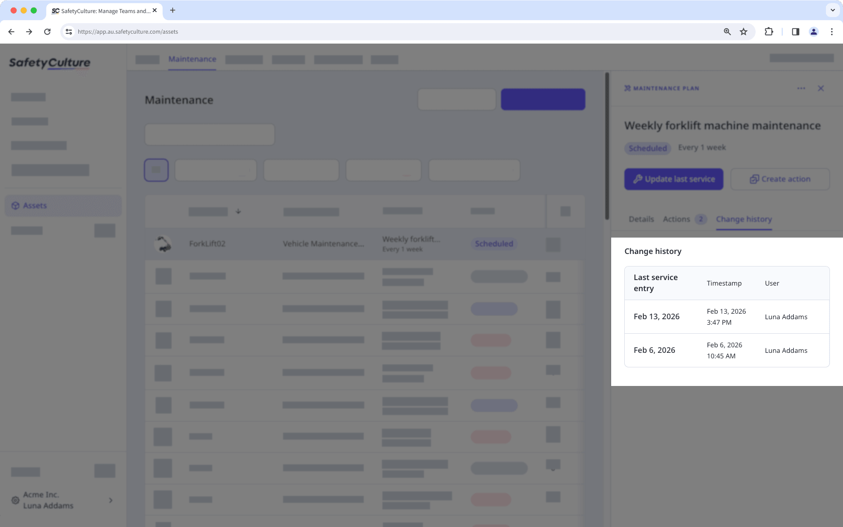 View maintenance plan change history via the asset's side panel on the maintenance tab.
