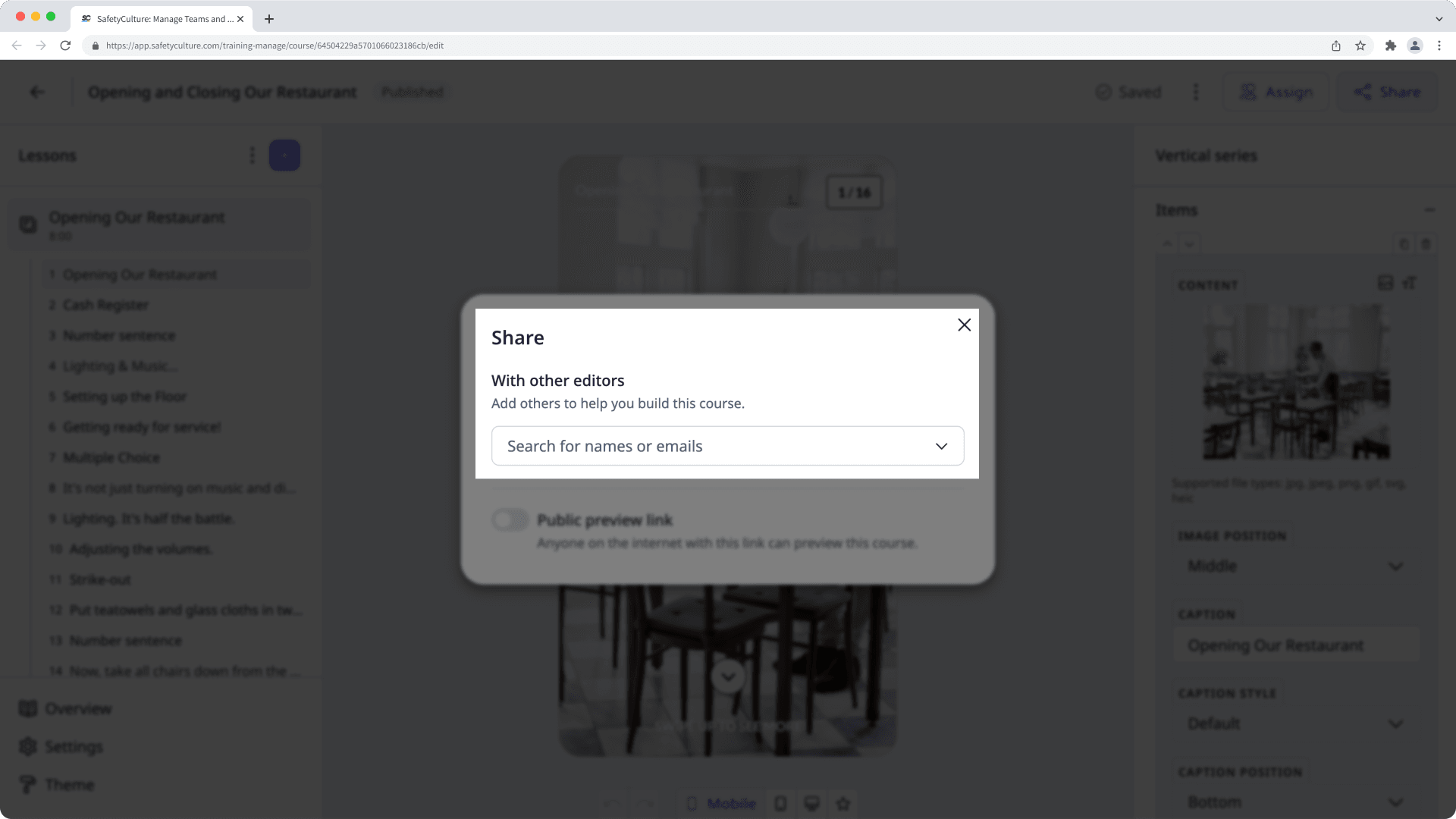 Share a course with others for editing via the web app.