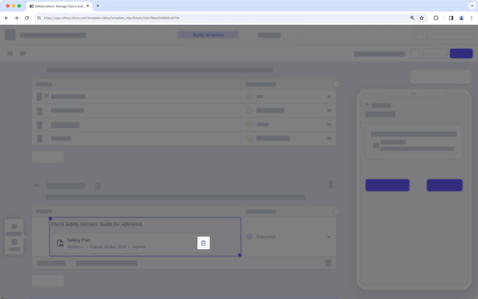 The edit template page showing the button to remove a file from an instruction.