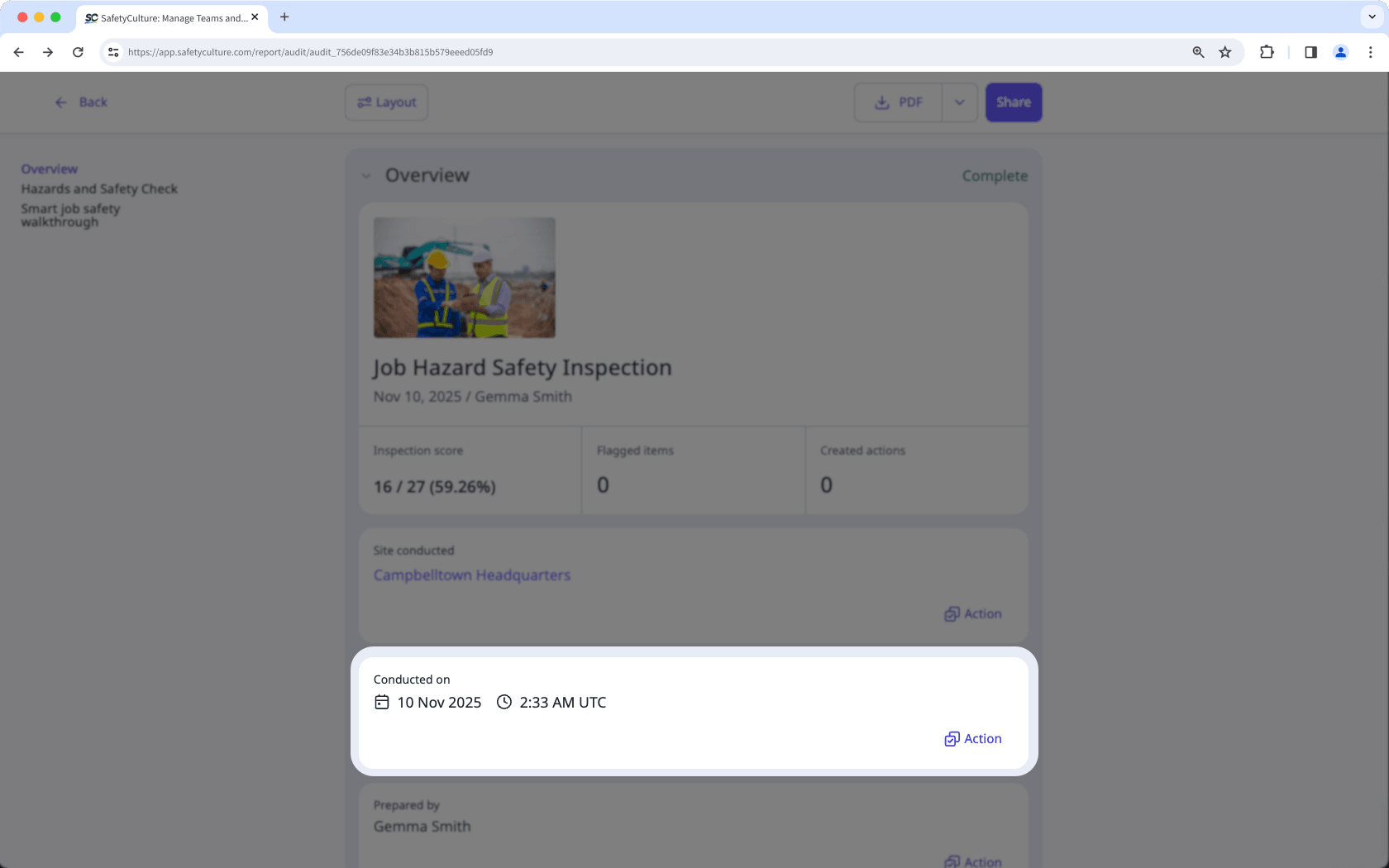 Screenshot des Zeitstempels einer abgeschlossenen Inspektion über die Web-App.